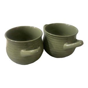 California Pottery Lot of 2 Soup Bowls Chili Bowl Double Handles Green